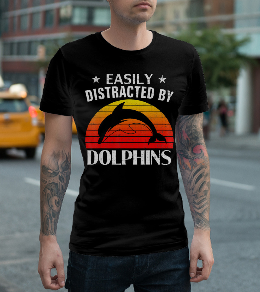 Easily Distracted By Dolphins Retro Sunset Stylish T-Shirt