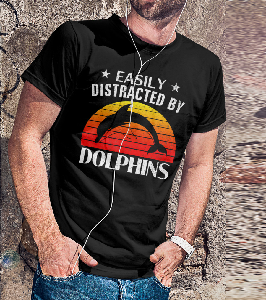Easily Distracted By Dolphins Retro Sunset Stylish T-Shirt