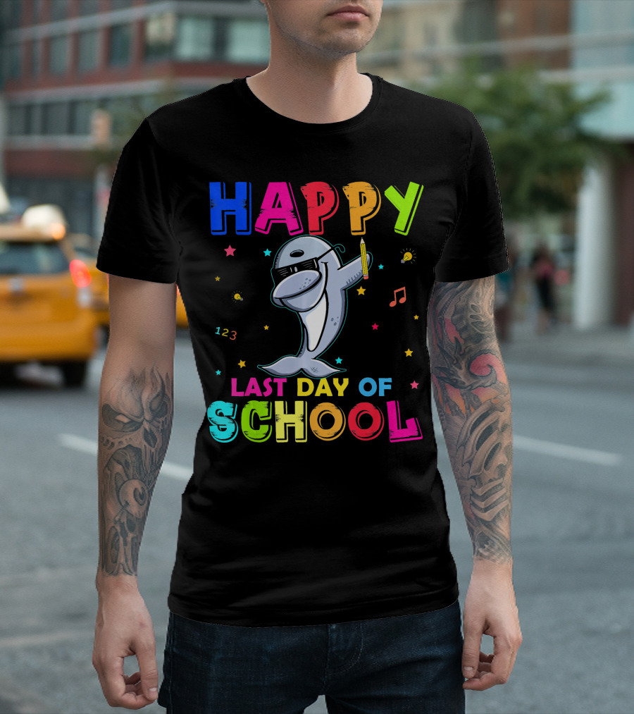 Happy Last Day Of School Dabbing Dolphin Rainbow Stars Music T-Shirt