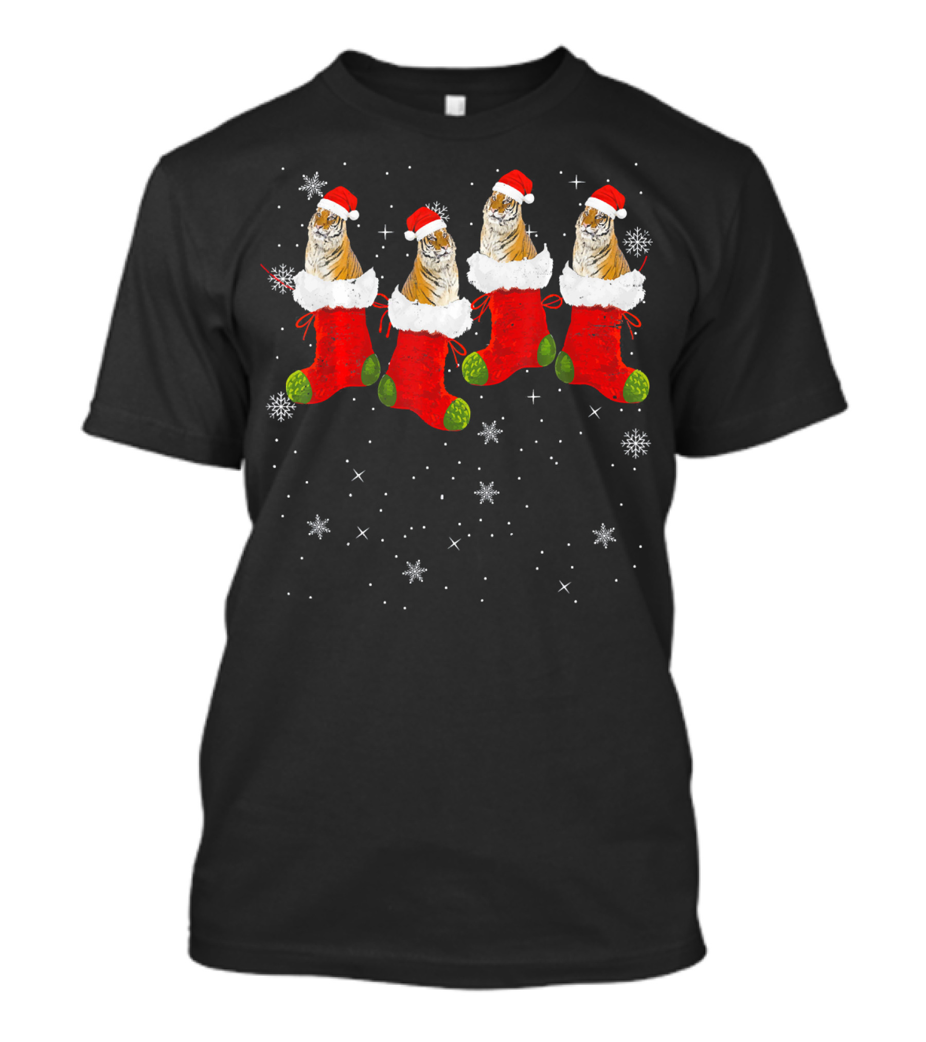 Funny Tiger In Santa Hat And Socks Christmas Snowflakes T-Shirt