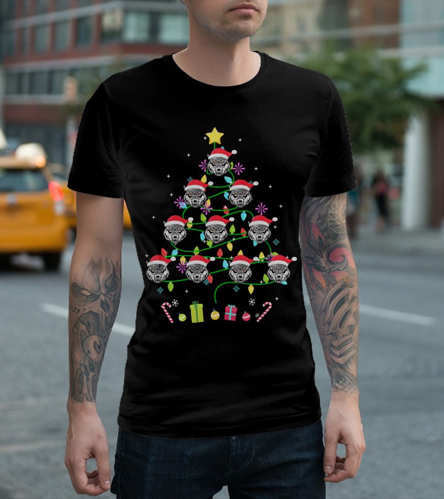 Funny Wolf Christmas Tree Santa Hats Colorful Lights T-Shirt