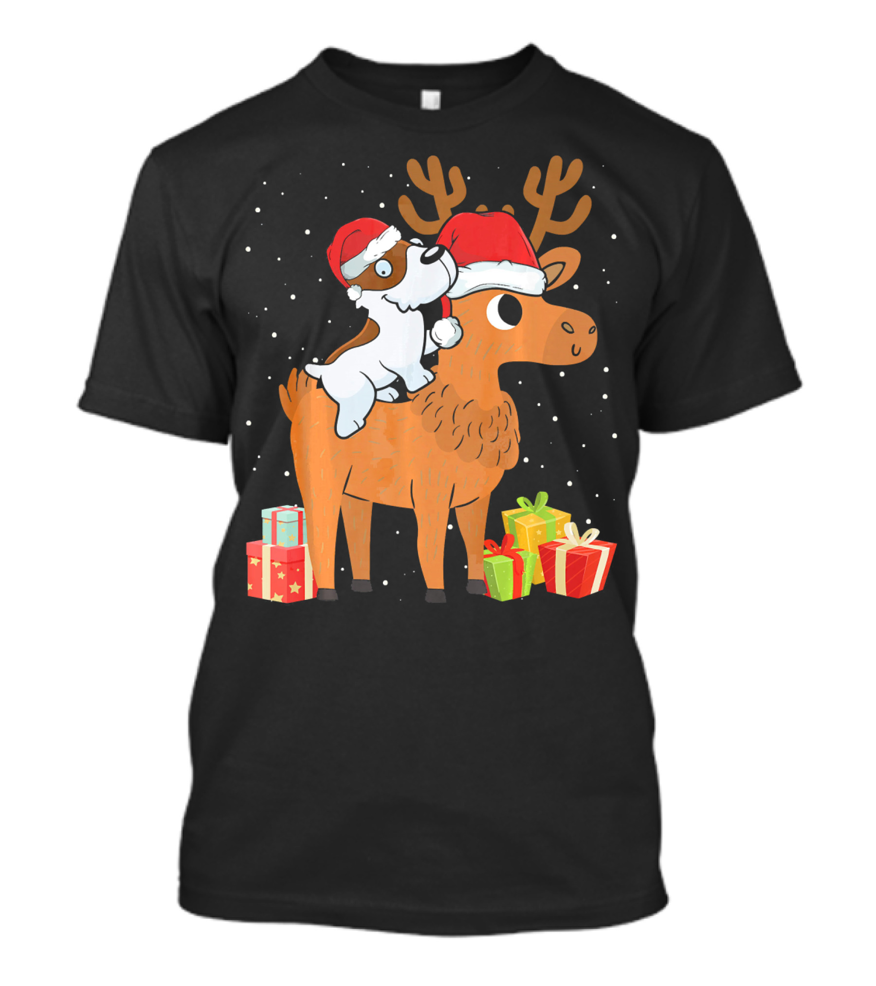 Funny Jack Russell Terrier In Santa Hats Riding Reindeer With Presents T-Shirt