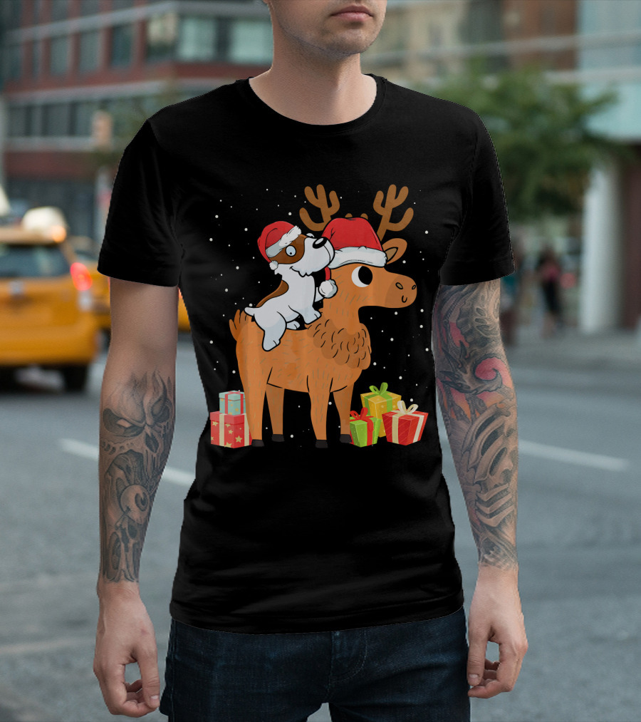Funny Jack Russell Terrier In Santa Hats Riding Reindeer With Presents T-Shirt