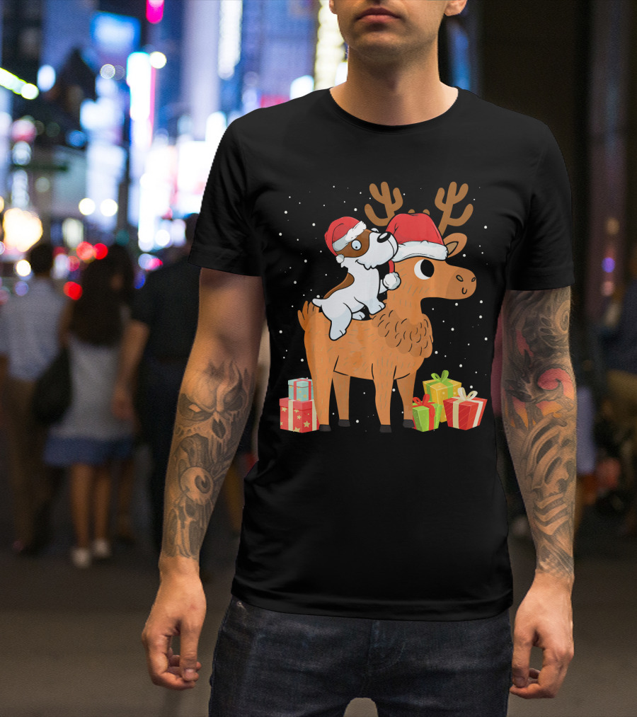 Funny Jack Russell Terrier In Santa Hats Riding Reindeer With Presents T-Shirt