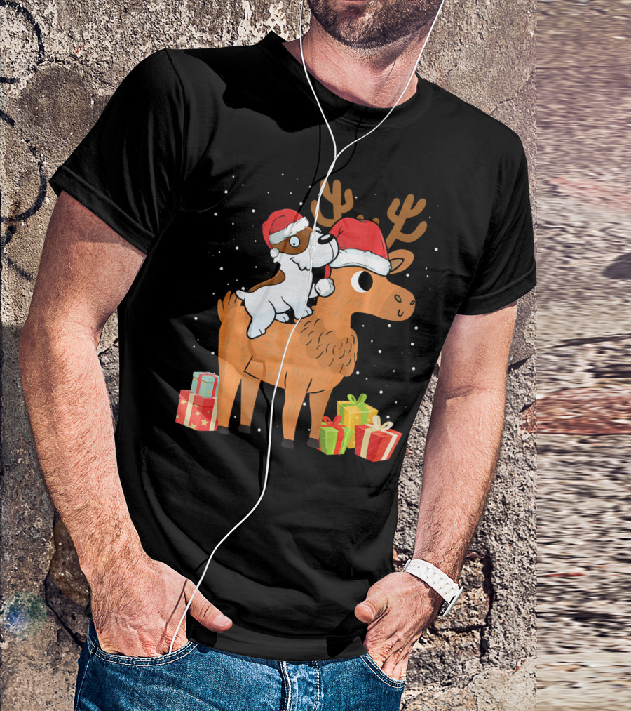 Funny Jack Russell Terrier In Santa Hats Riding Reindeer With Presents T-Shirt