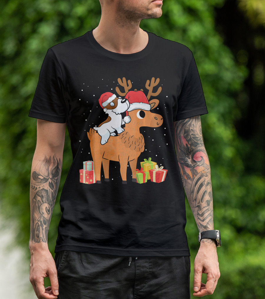Funny Jack Russell Terrier In Santa Hats Riding Reindeer With Presents T-Shirt