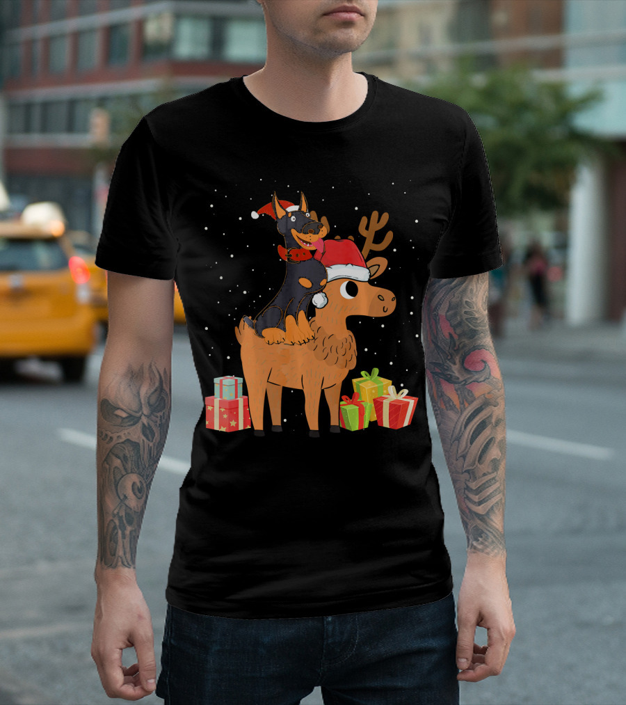 Funny Doberman Riding Deer with Santa Hats and Christmas Gifts T-Shirt