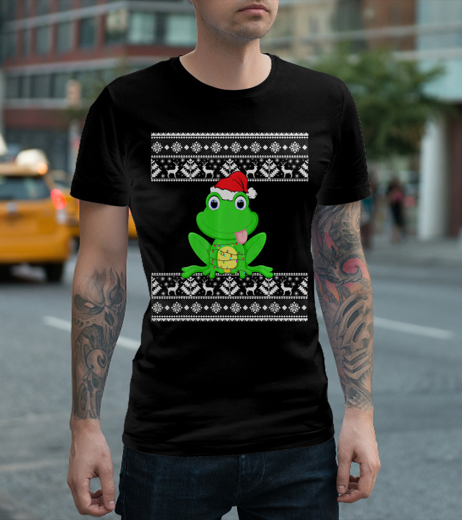 Frog With Christmas Lights And Santa Hat In Festive T-Shirt