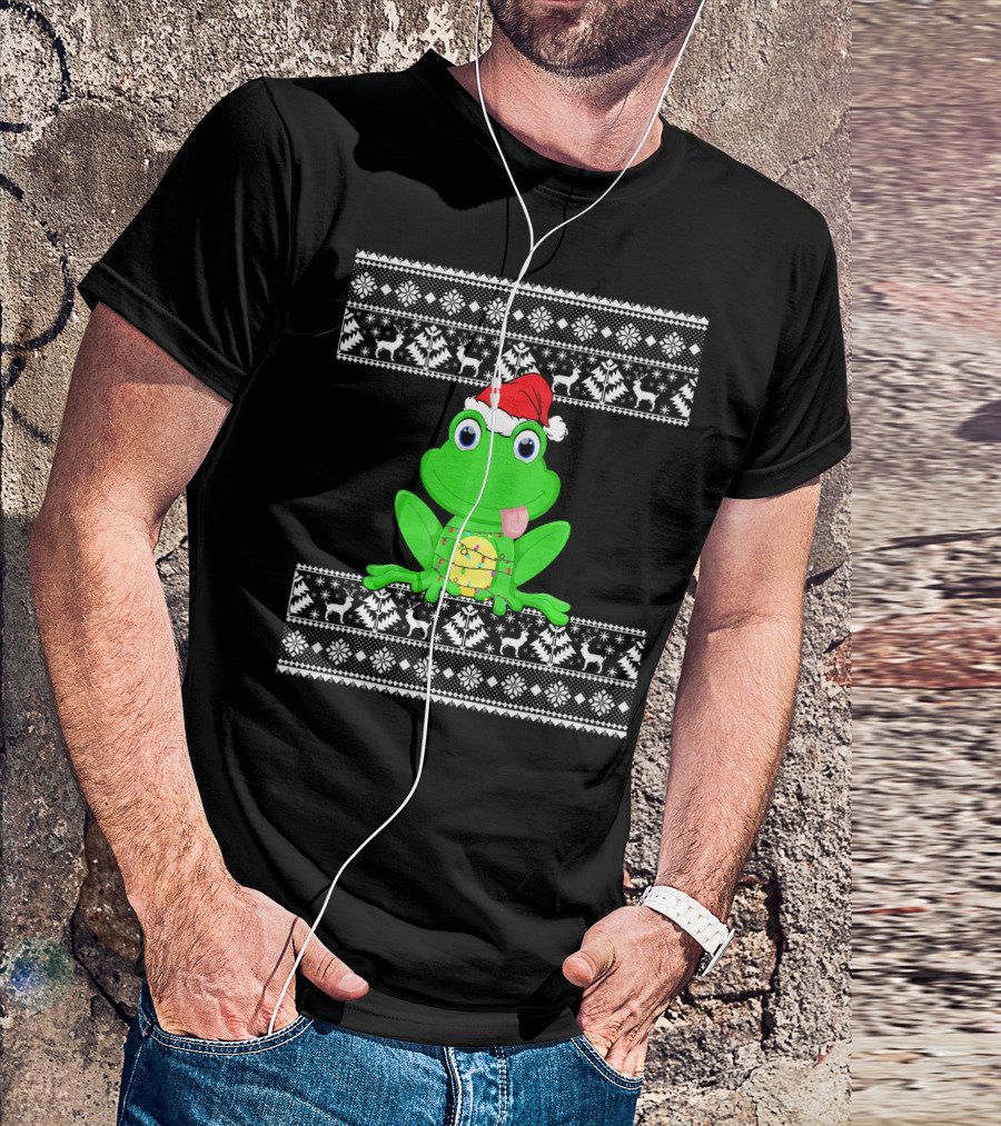 Frog With Christmas Lights And Santa Hat In Festive T-Shirt