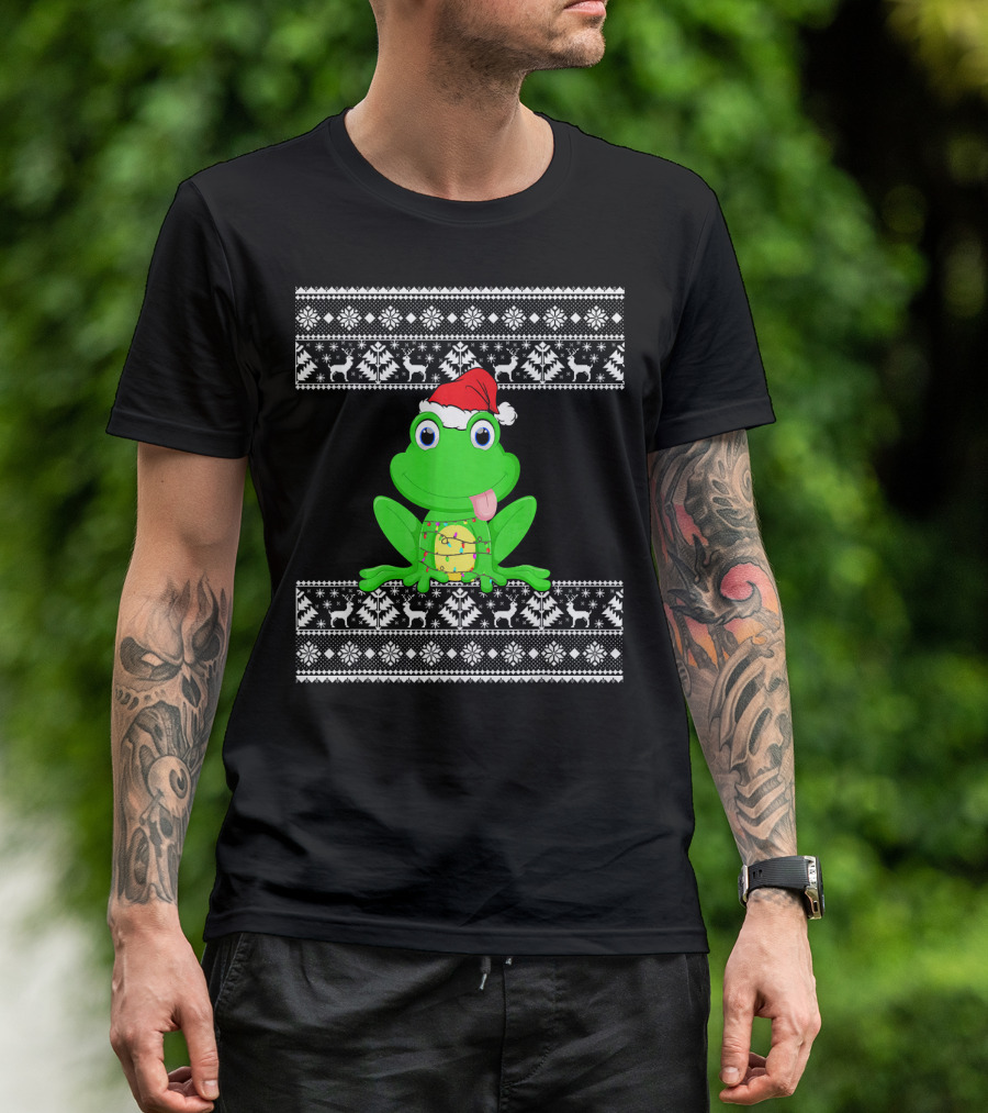 Frog With Christmas Lights And Santa Hat In Festive T-Shirt