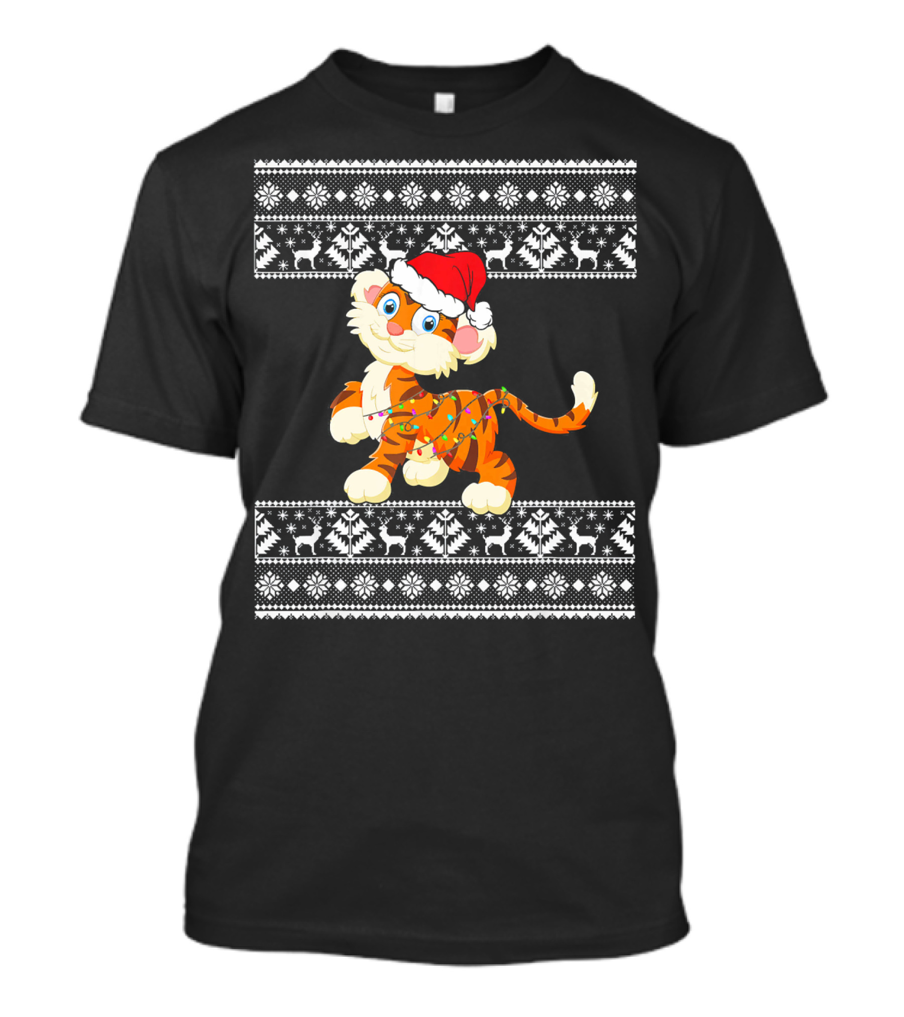 Funny Festive Tiger Santa Hat Christmas Lights And Nordic T-Shirt
