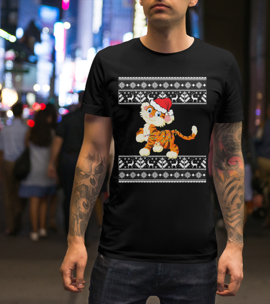 Funny Festive Tiger Santa Hat Christmas Lights And Nordic T-Shirt