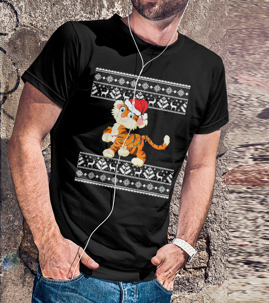 Funny Festive Tiger Santa Hat Christmas Lights And Nordic T-Shirt