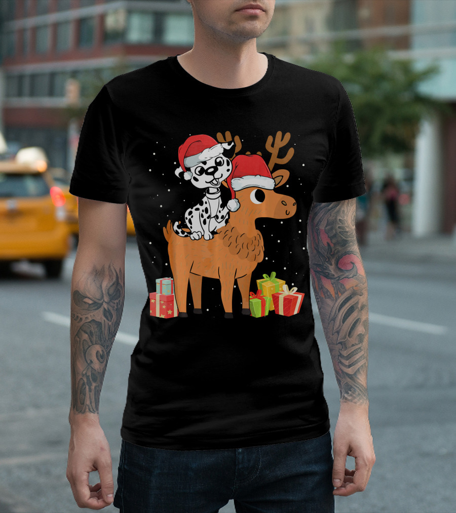 Funny Dalmatian Riding Deer with Santa Hats and Christmas Gifts T-Shirt