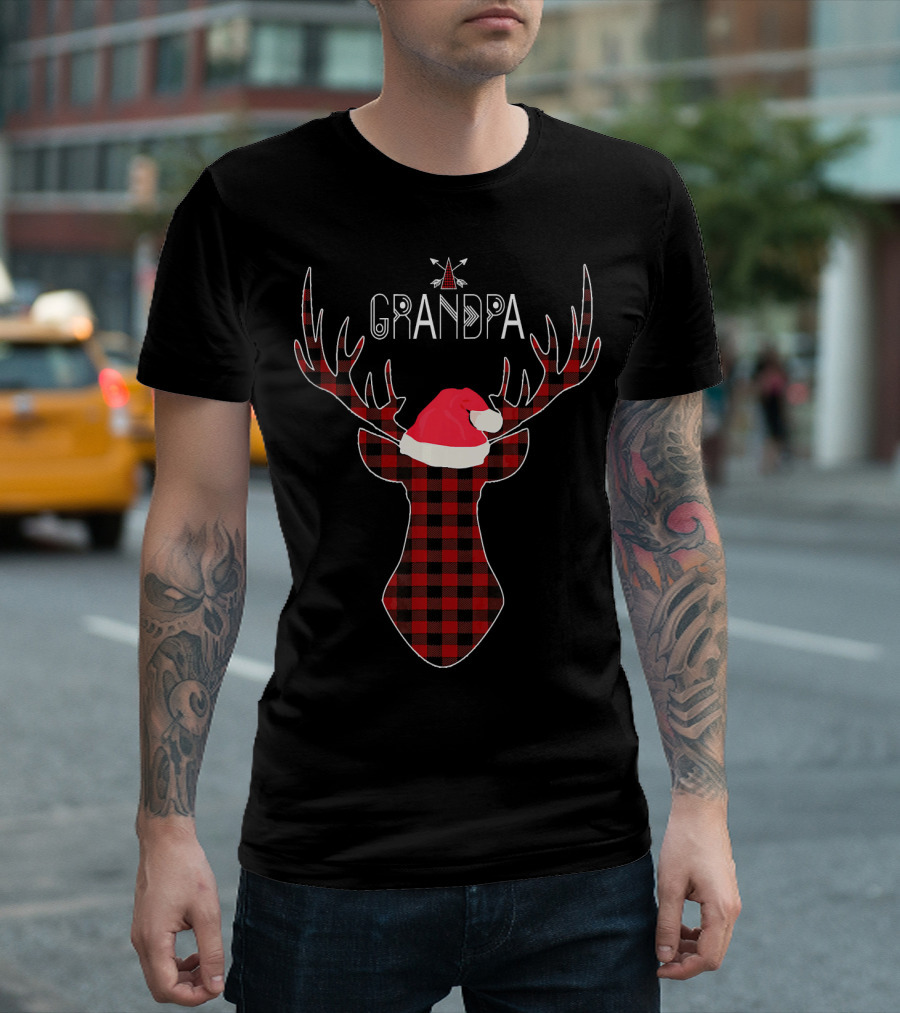 Grandpa Buffalo Plaid Deer With Santa Hat T-Shirt