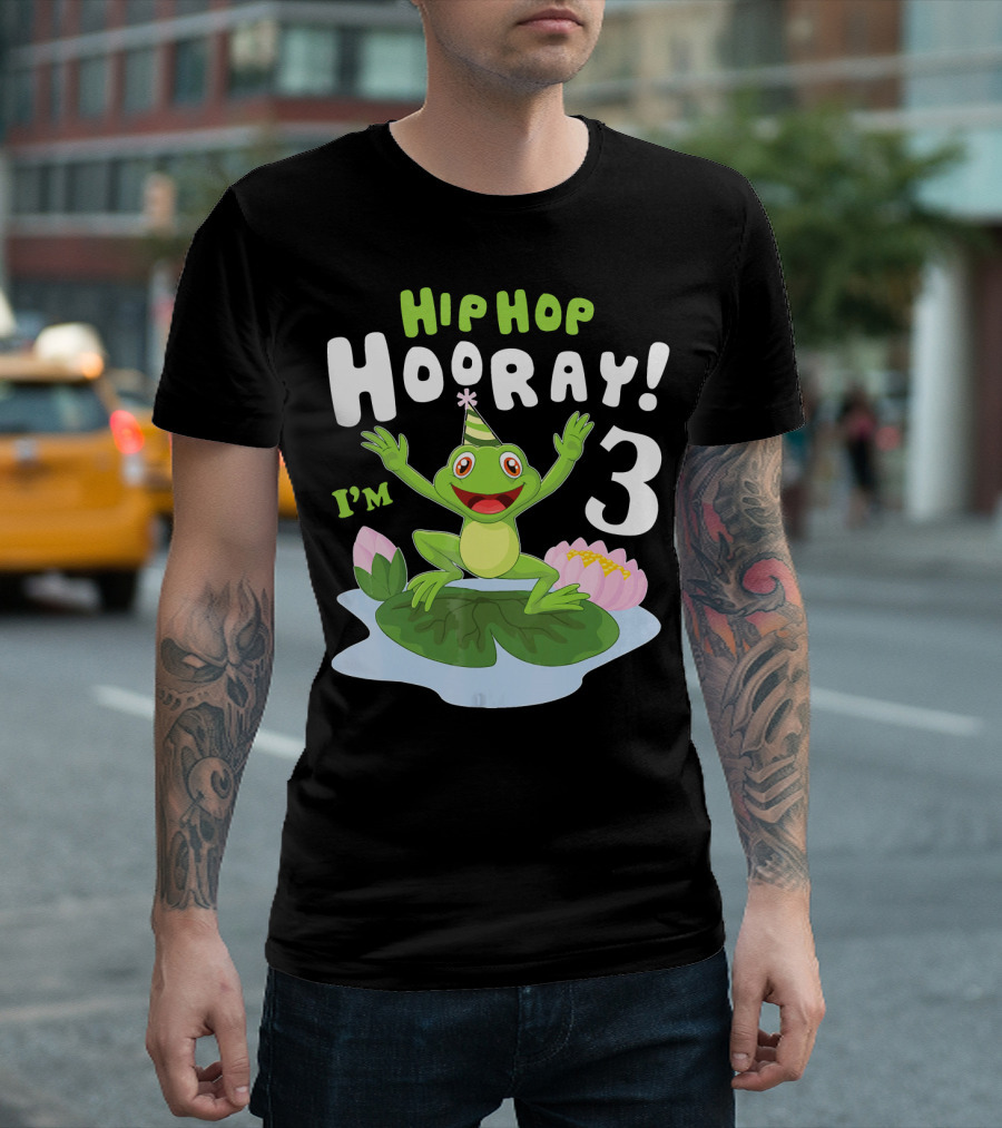 Hip Hop Hooray I'm 3 Frog on Lily Pad Party Hat T-Shirt