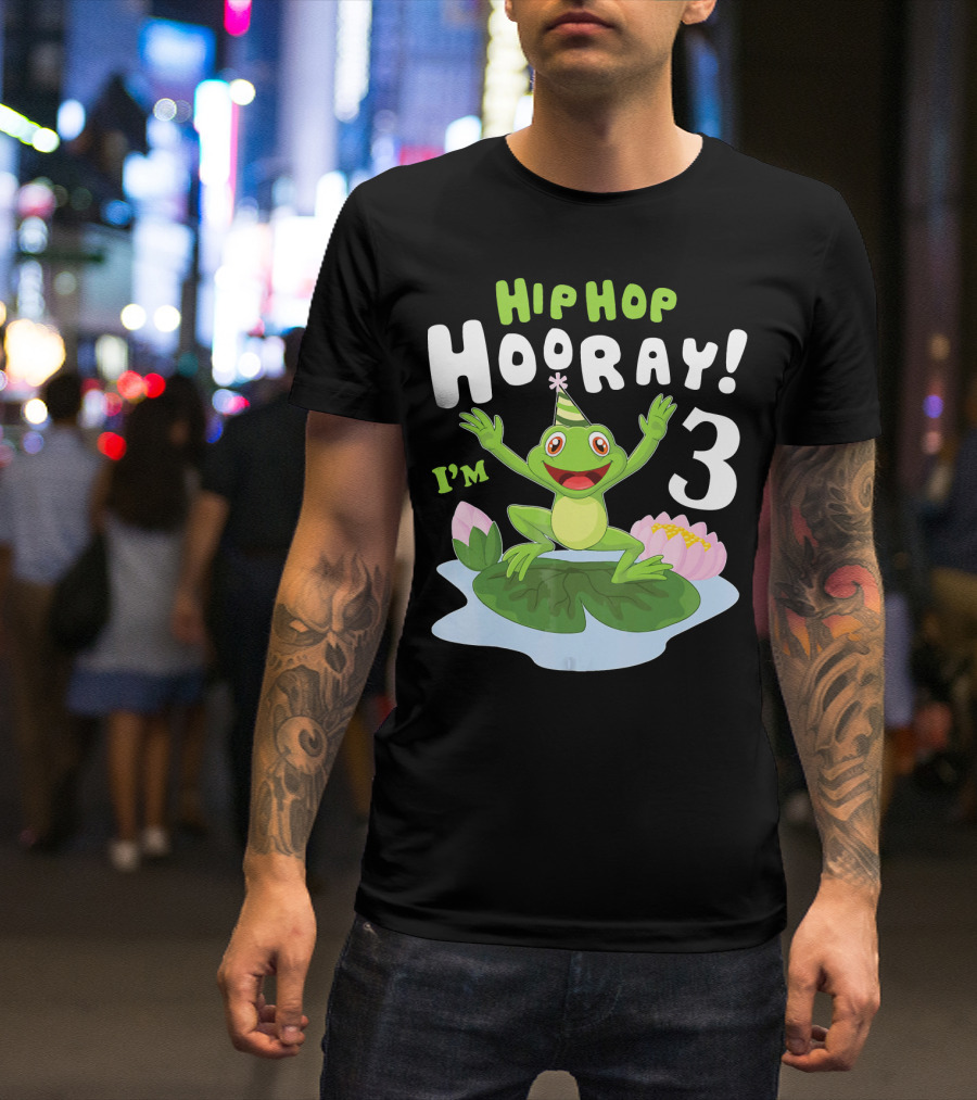 Hip Hop Hooray I'm 3 Frog On Lily Pad Party Hat T-Shirt