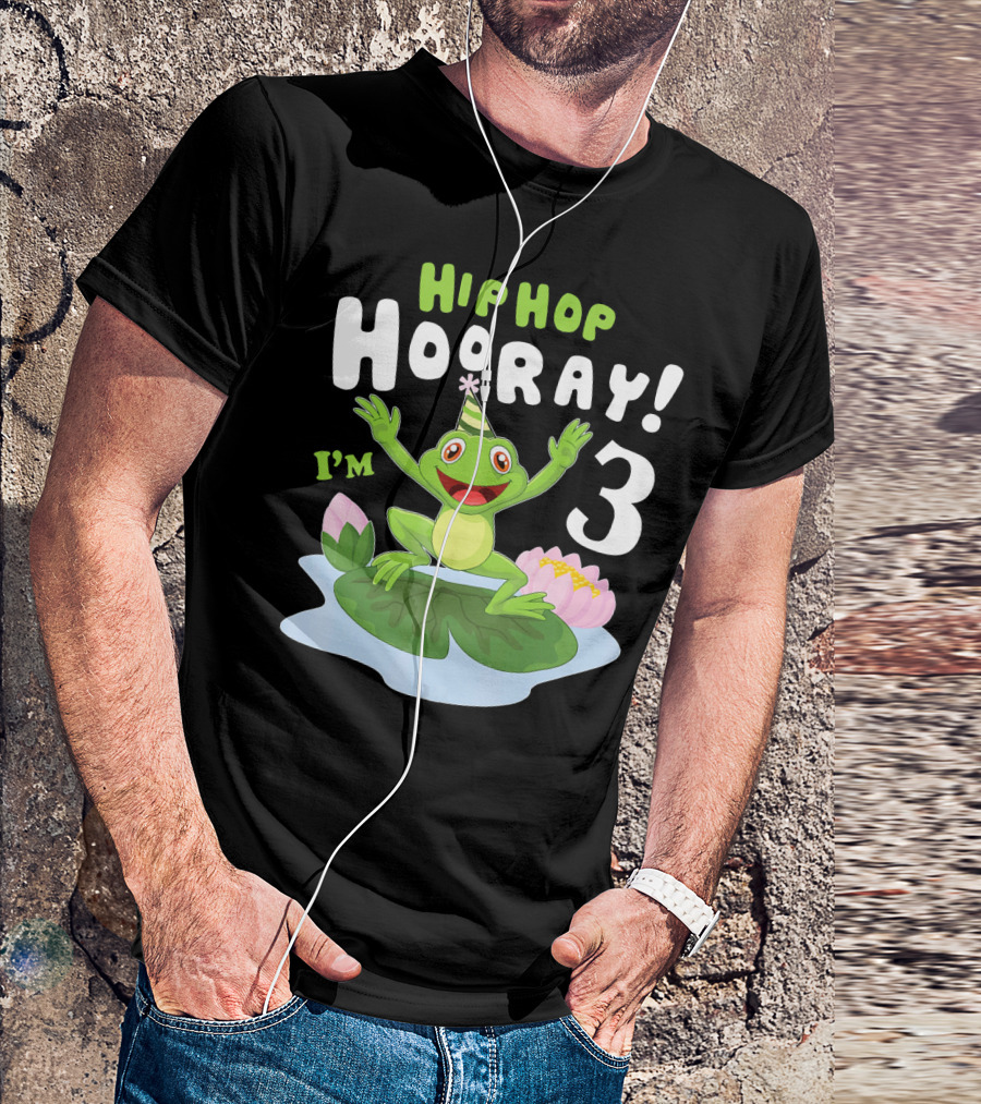Hip Hop Hooray I'm 3 Frog On Lily Pad Party Hat T-Shirt