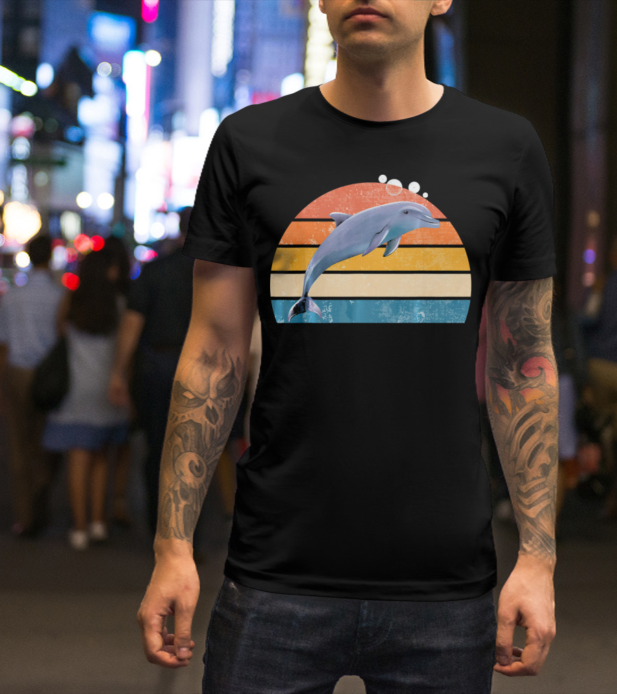 Dolphin Retro Vintage Animal Stripes Sunset Ocean Waves T-Shirt