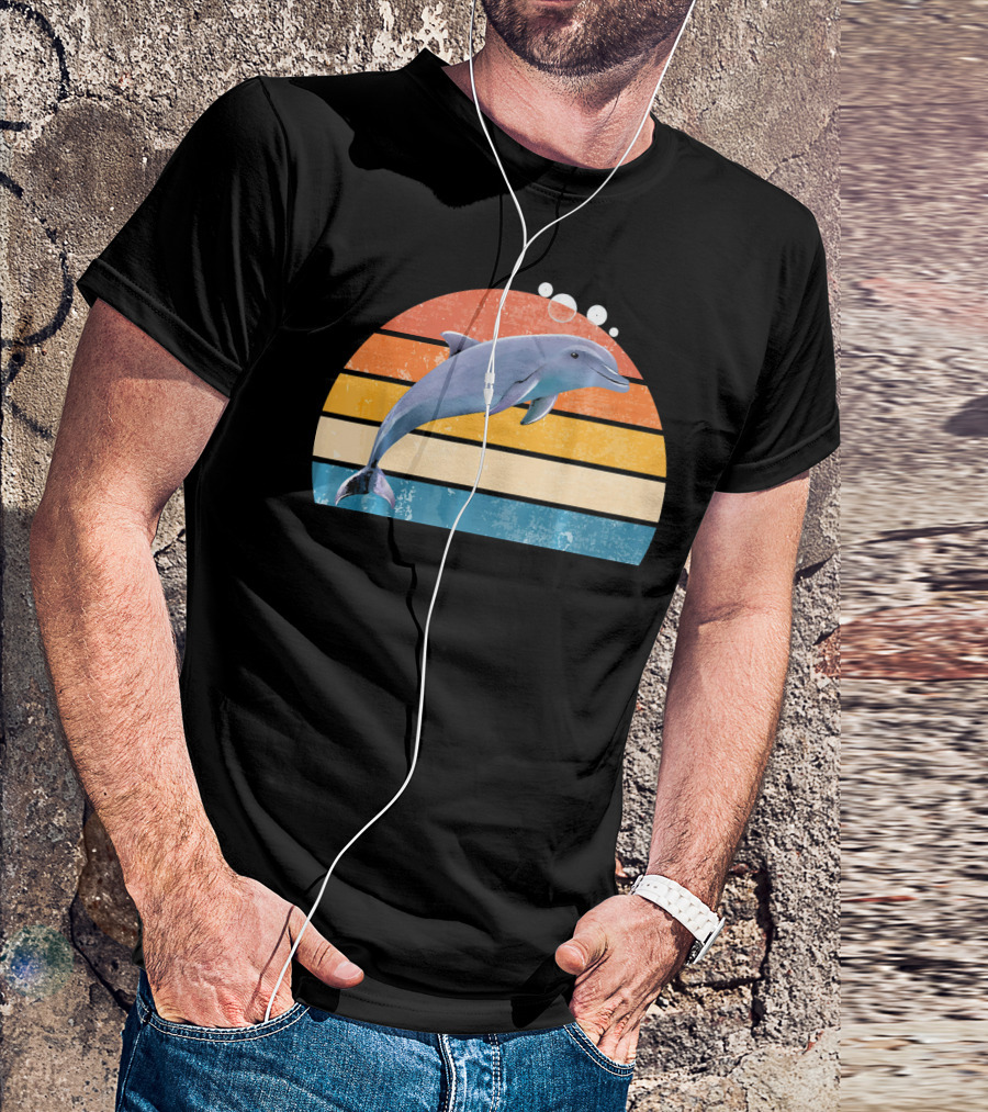Dolphin Retro Vintage Animal Stripes Sunset Ocean Waves T-Shirt