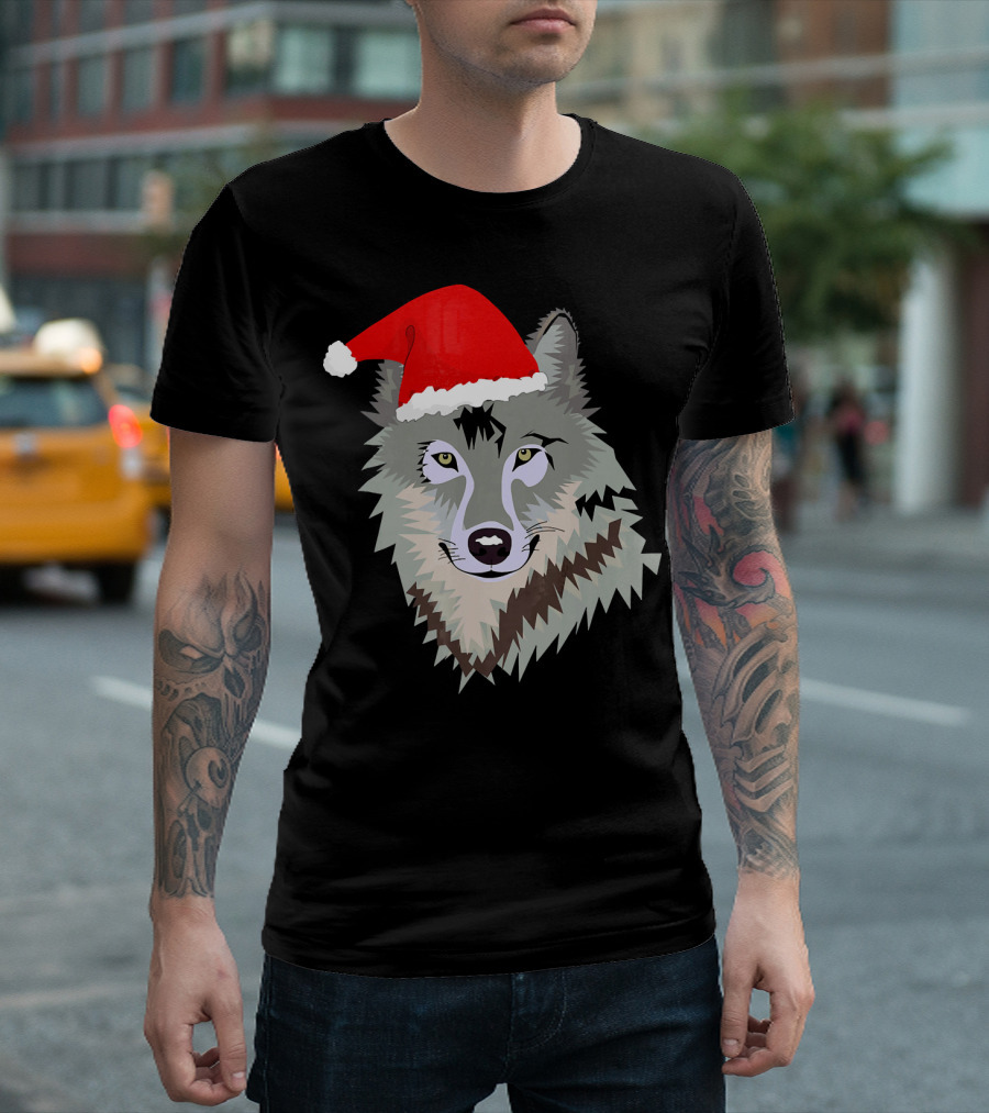 Funny Grey Wolf Santa Hat Christmas Holiday T-Shirt