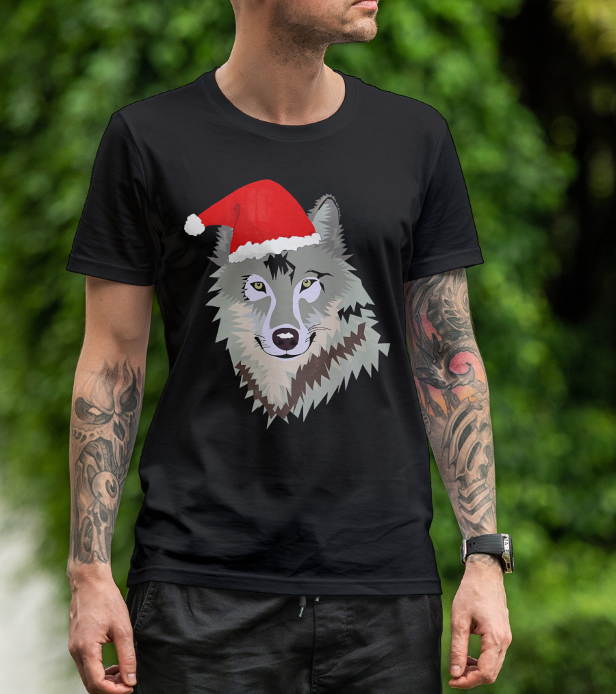 Funny Grey Wolf Santa Hat Christmas Holiday T-Shirt