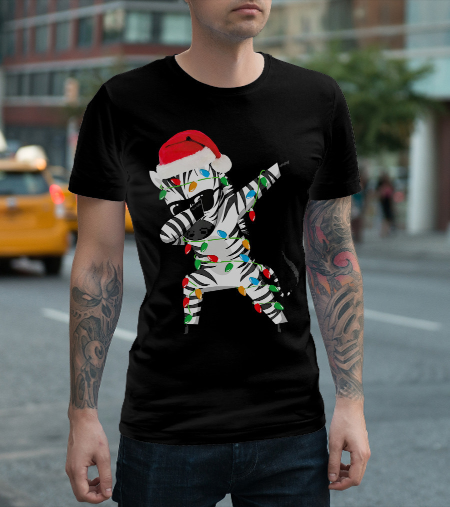 Zebra Dab Santa Hat Wrapped In Christmas Lights T-Shirt