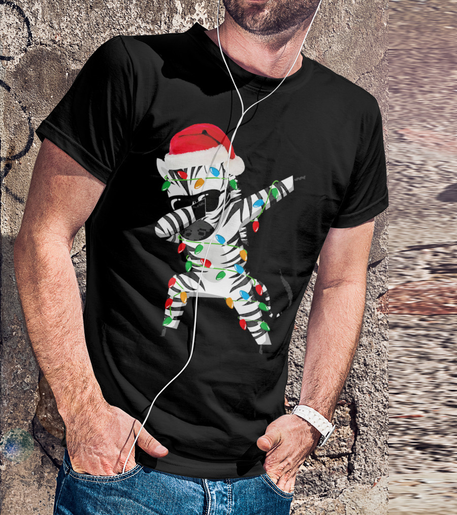 Zebra Dab Santa Hat Wrapped In Christmas Lights T-Shirt