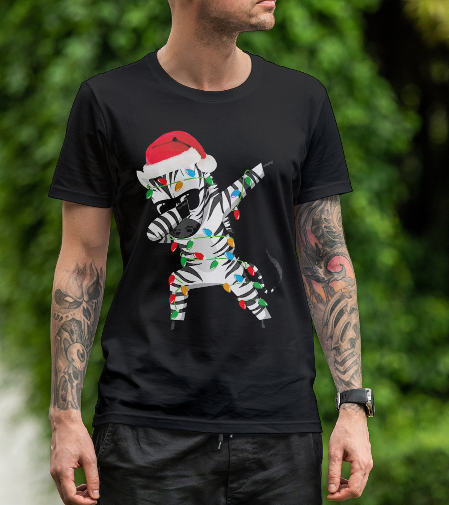 Zebra Dab Santa Hat Wrapped In Christmas Lights T-Shirt