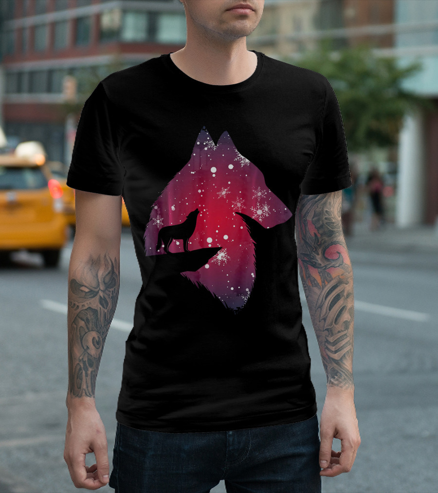 Funny Christmas Wolf with Snowfall and Snowflakes T-Shirt