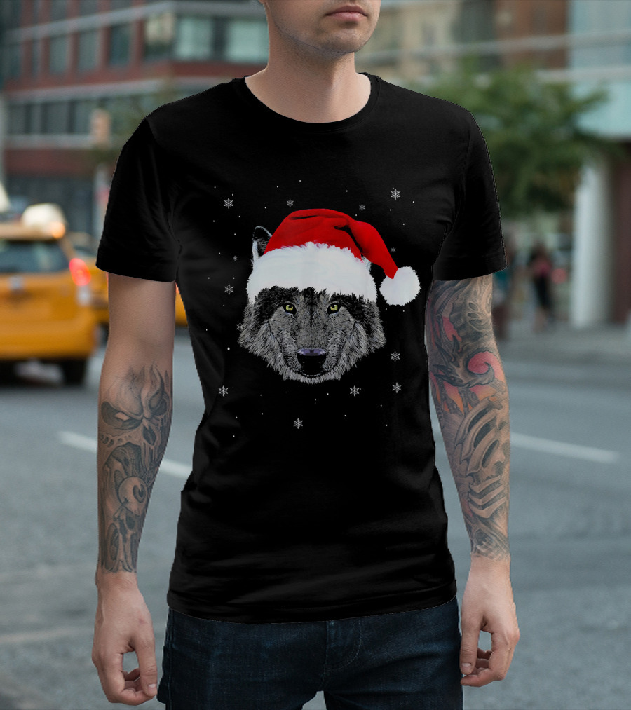 Funny Santa Hat Wolf with Snowflakes Kids Grey T-Shirt