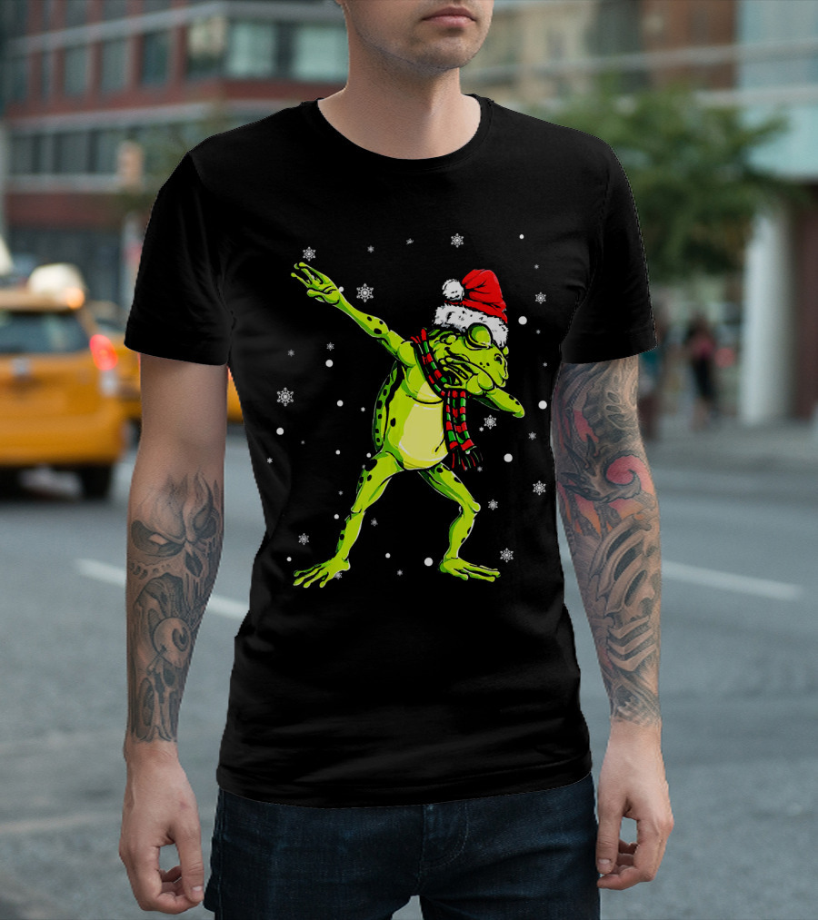Funny Christmas Frog Dabbing Santa Hat Snowflakes T-Shirt