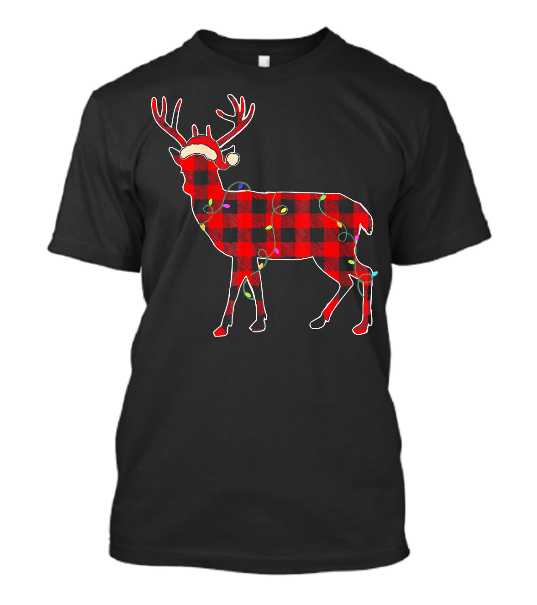 Funny Deer Red Plaid Christmas Lights Santa Hat T-Shirt