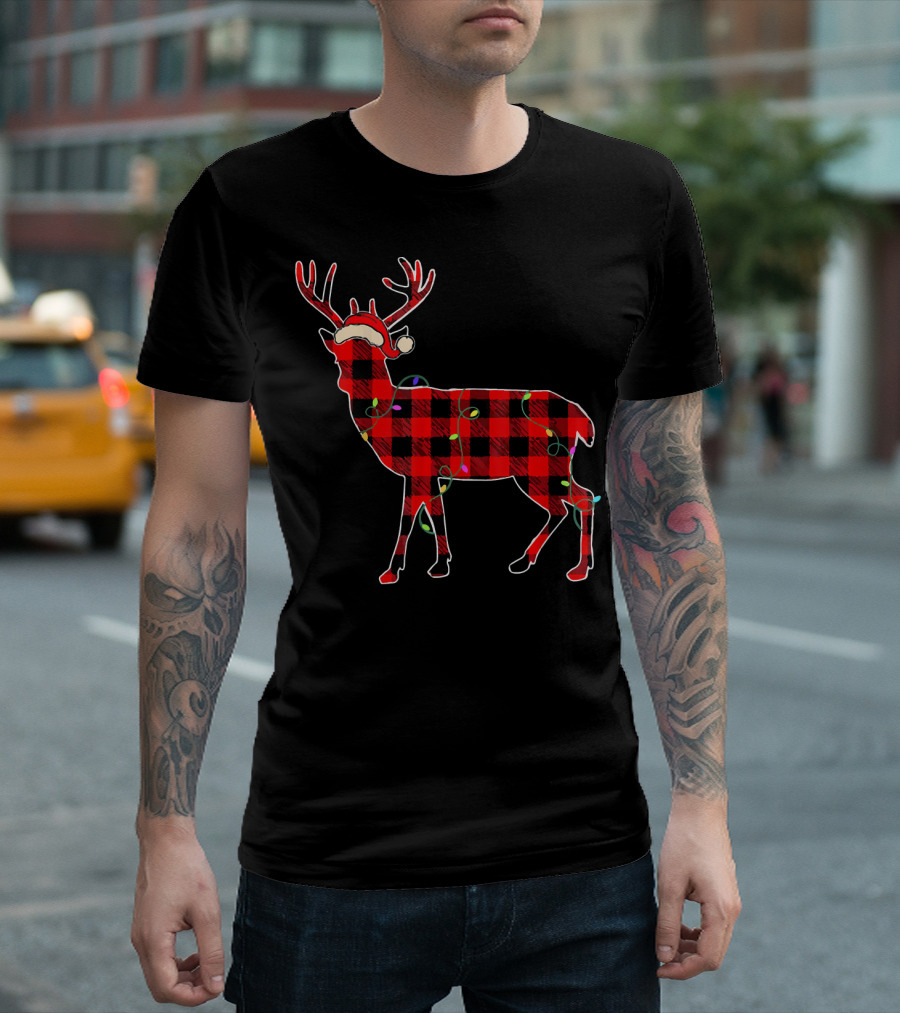 Funny Deer Red Plaid Christmas Lights Santa Hat T-Shirt