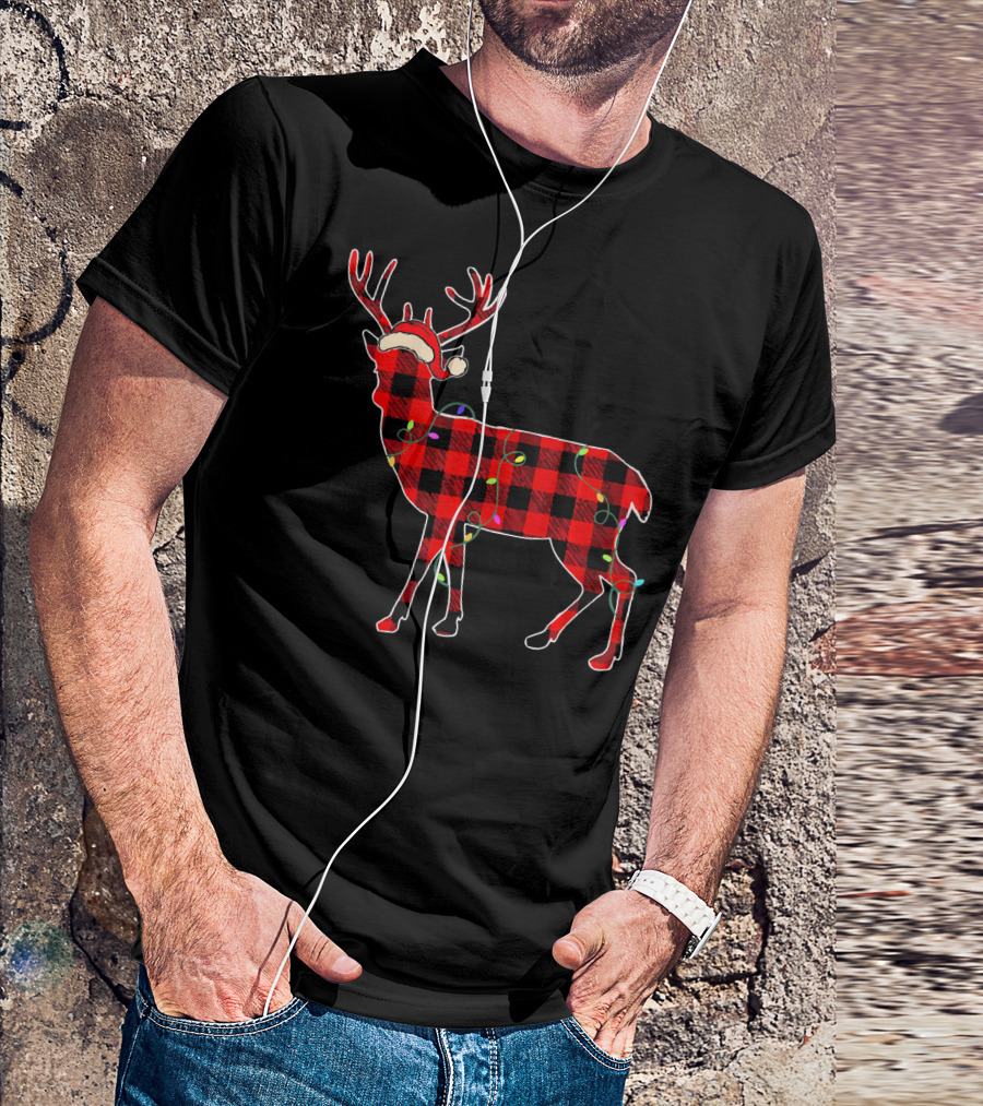 Funny Deer Red Plaid Christmas Lights Santa Hat T-Shirt