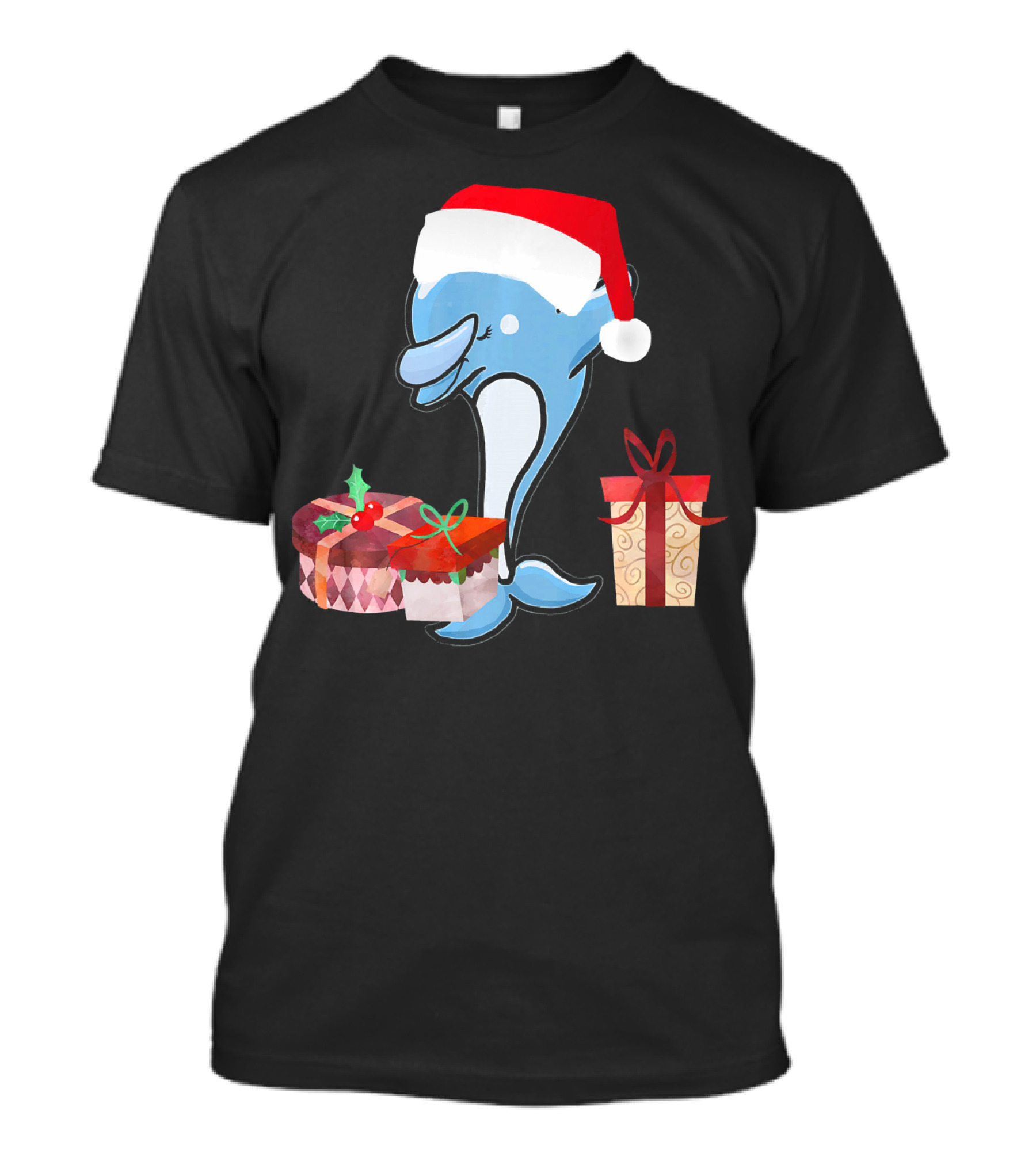 Funny Christmas Dolphin With Santa Hat And Presents T-Shirt
