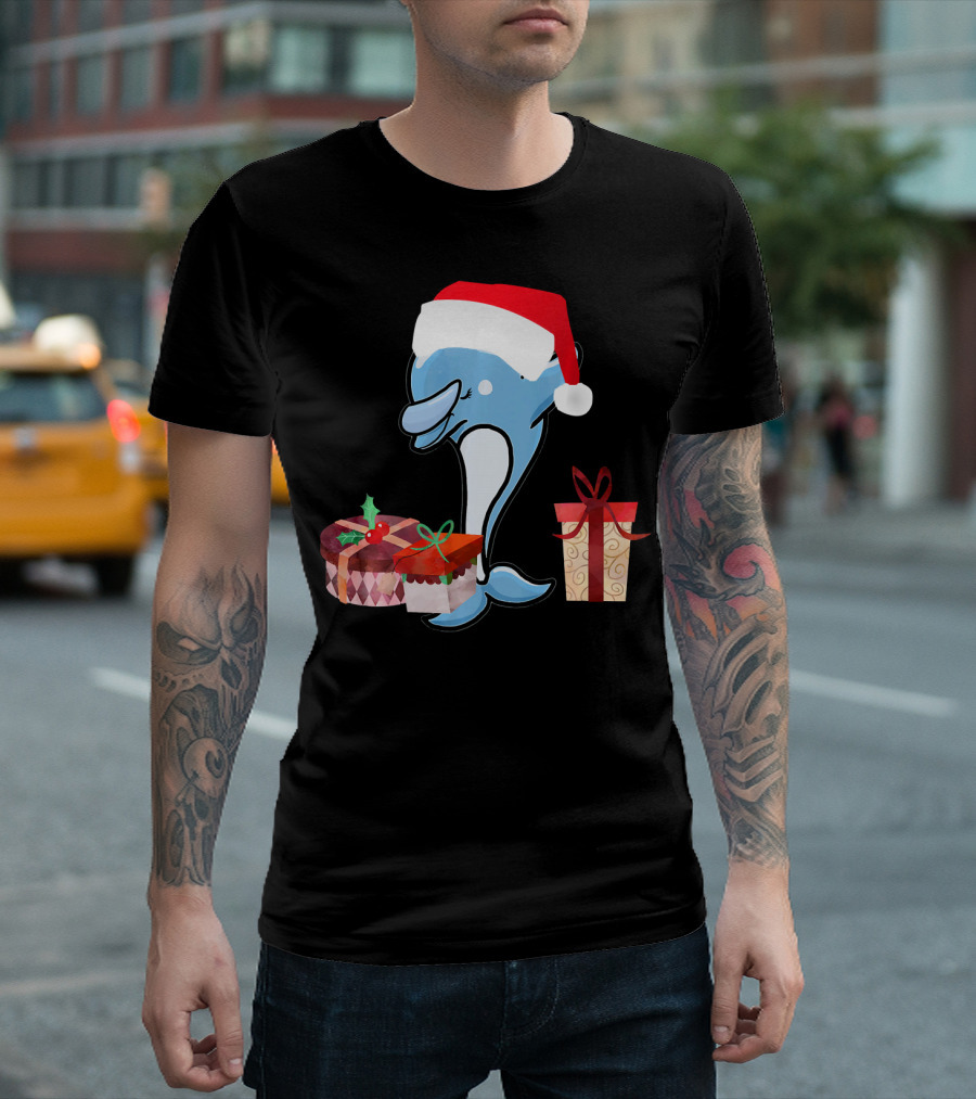 Funny Christmas Dolphin With Santa Hat And Presents T-Shirt