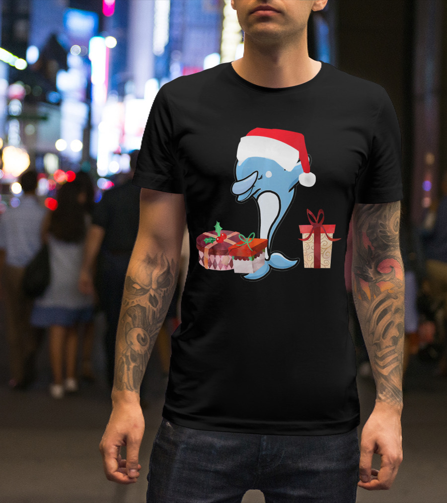 Funny Christmas Dolphin With Santa Hat And Presents T-Shirt