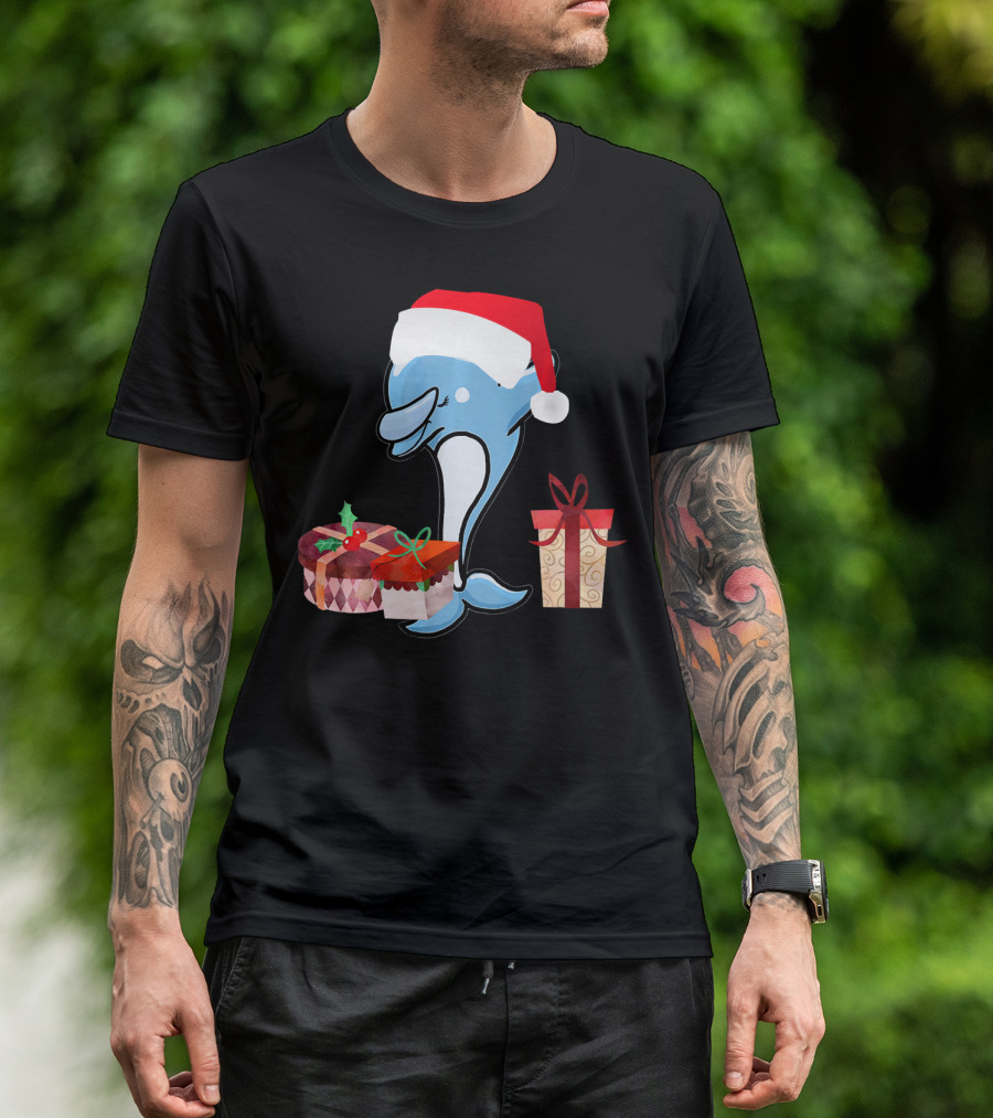 Funny Christmas Dolphin With Santa Hat And Presents T-Shirt