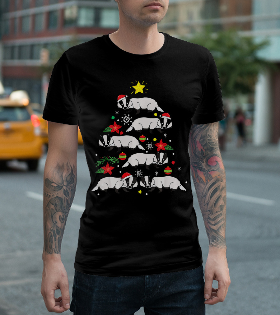 Honey Badger Christmas Tree with Ornaments and Santa Hats T-Shirt