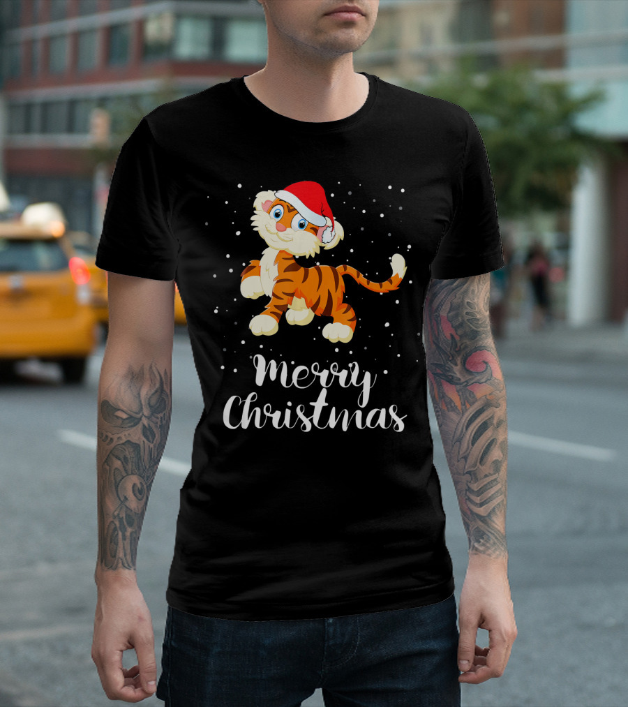 Merry Christmas Cute Tiger Wearing Santa Hat T-Shirt