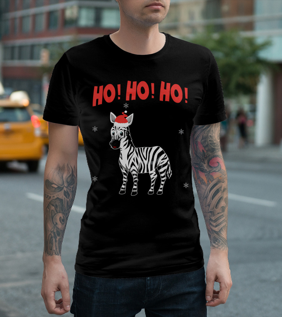 HO HO HO Cute Zebra In Santa Hat Snowflakes T-Shirt