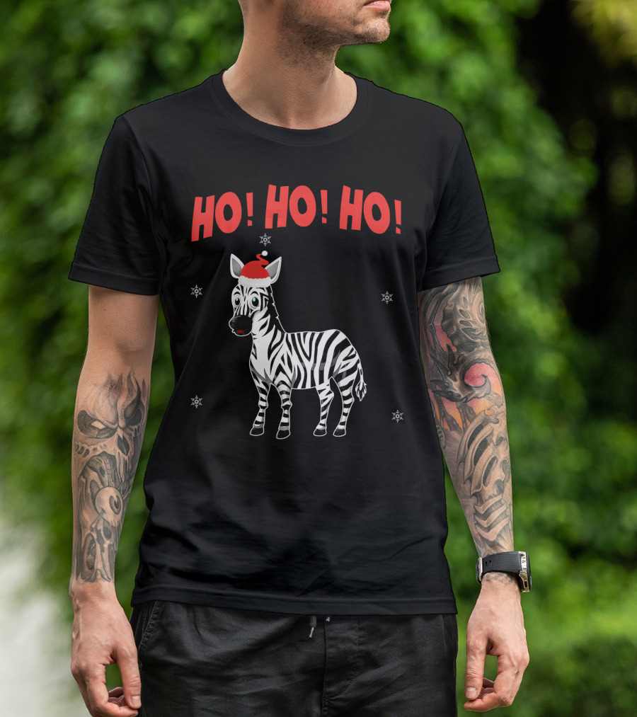 HO HO HO Cute Zebra In Santa Hat Snowflakes T-Shirt
