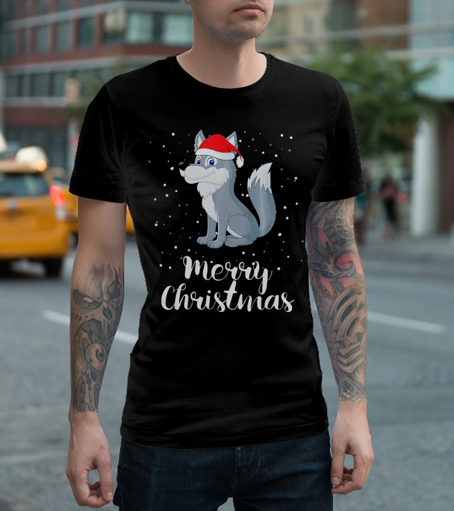 Merry Christmas Wolf in Santa Hat with Snowflakes T-Shirt