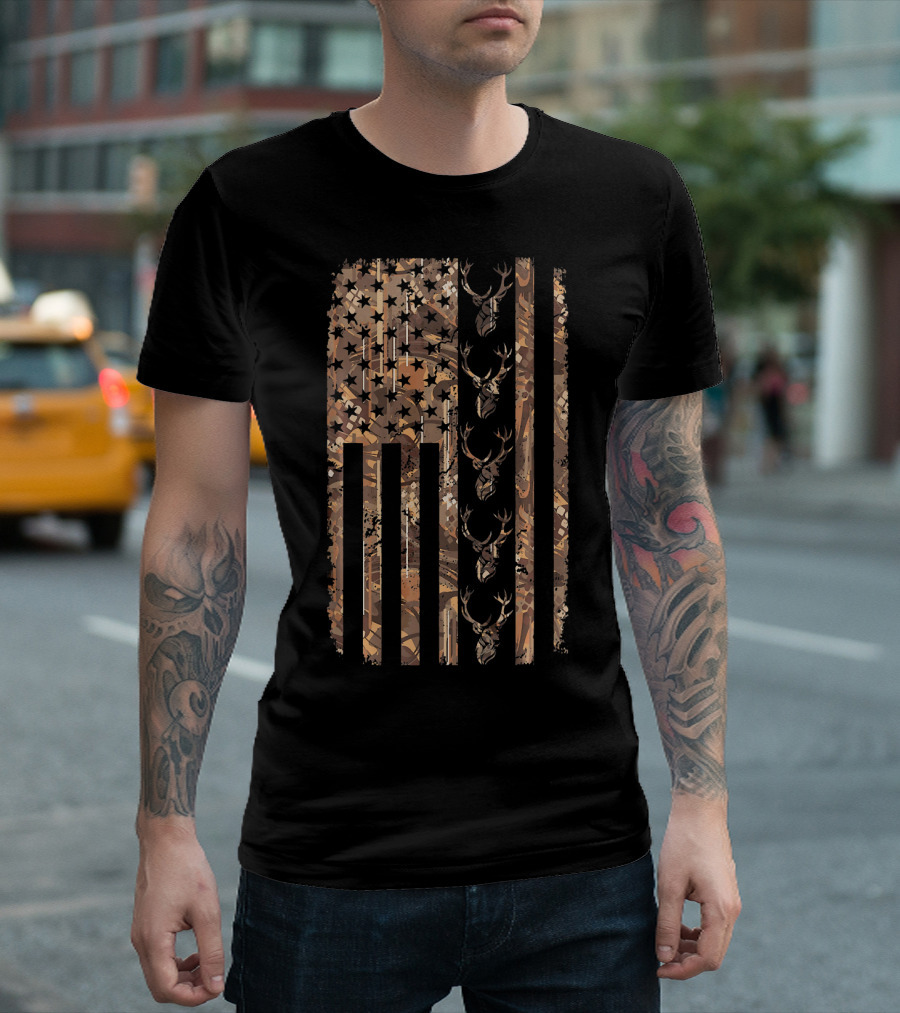 Patriotic Camouflage American Flag with Mule Deer Buck T-Shirt