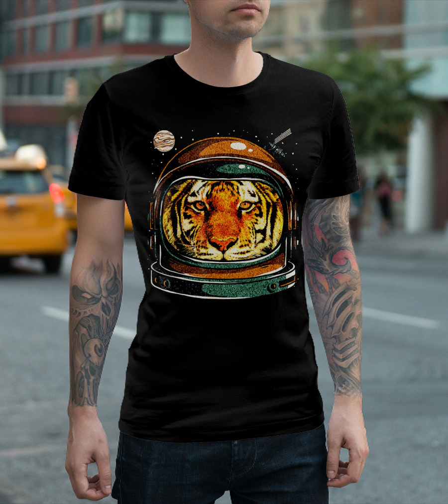 Astronaut Tiger In Space With Planet And Stars T-Shirt