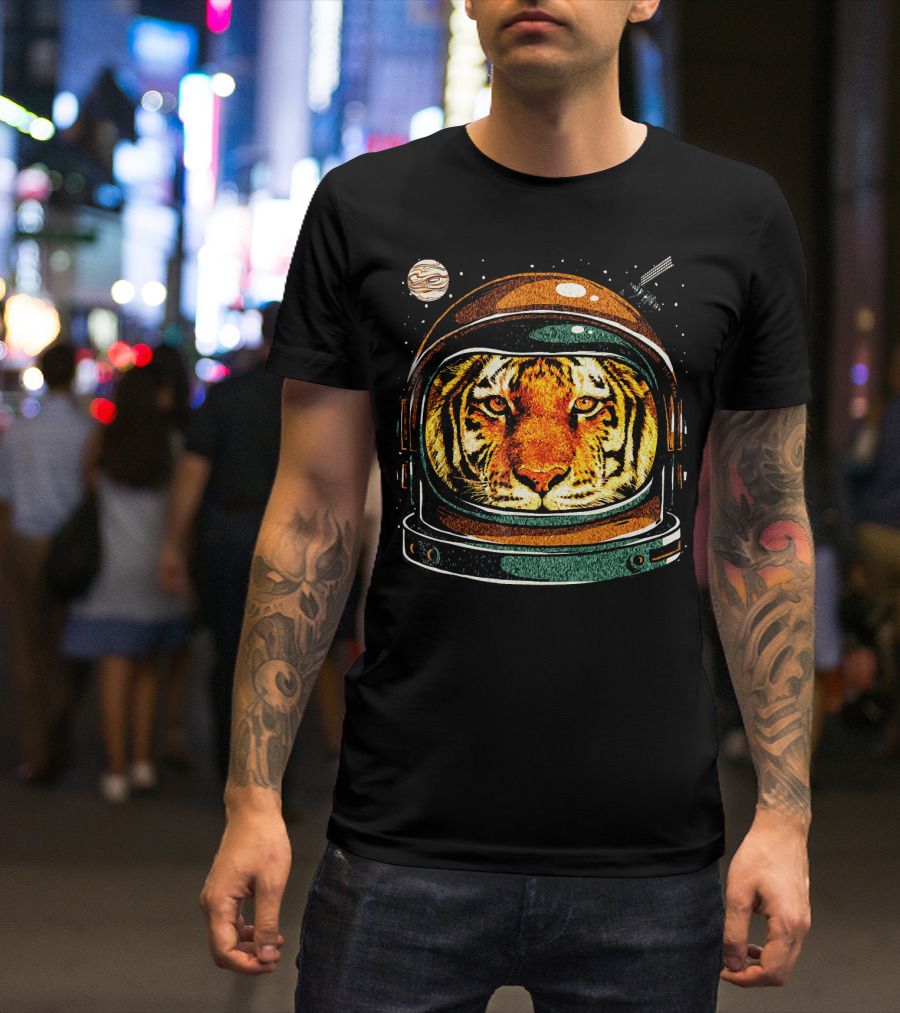 Astronaut Tiger In Space With Planet And Stars T-Shirt