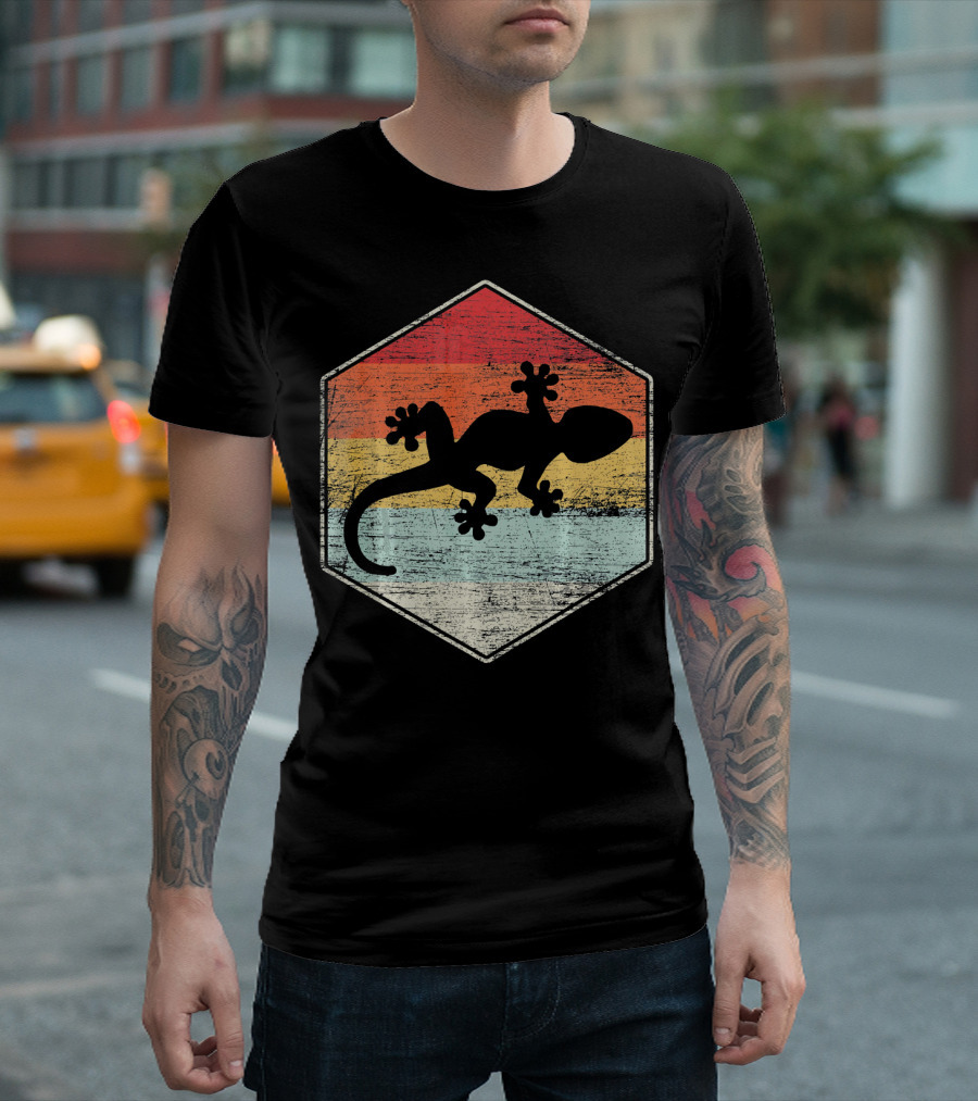Retro Gecko Vintage Sunset Hexagon T-Shirt