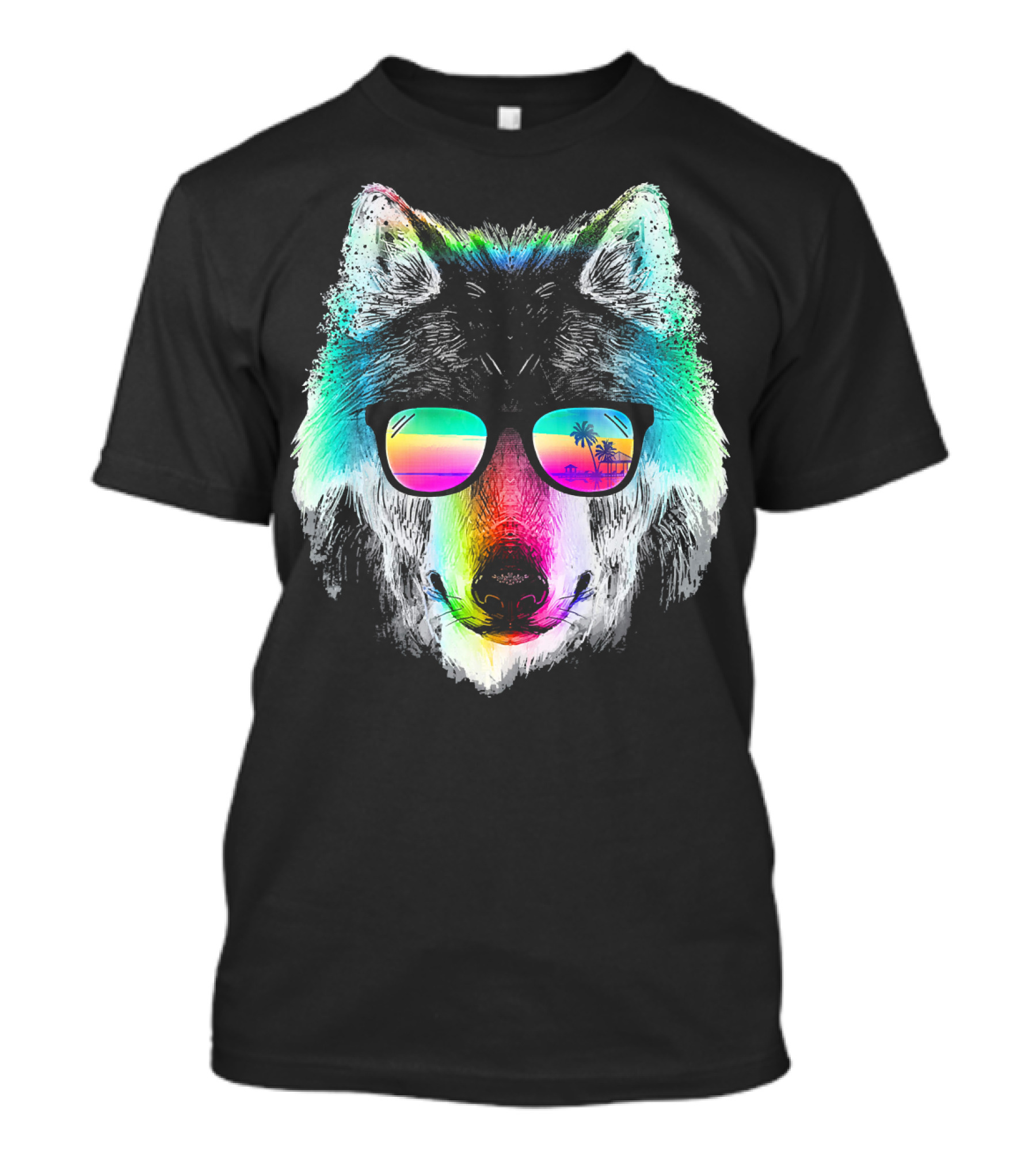Wolf With Rainbow Sunglasses And Palm Tree Reflection T-Shirt