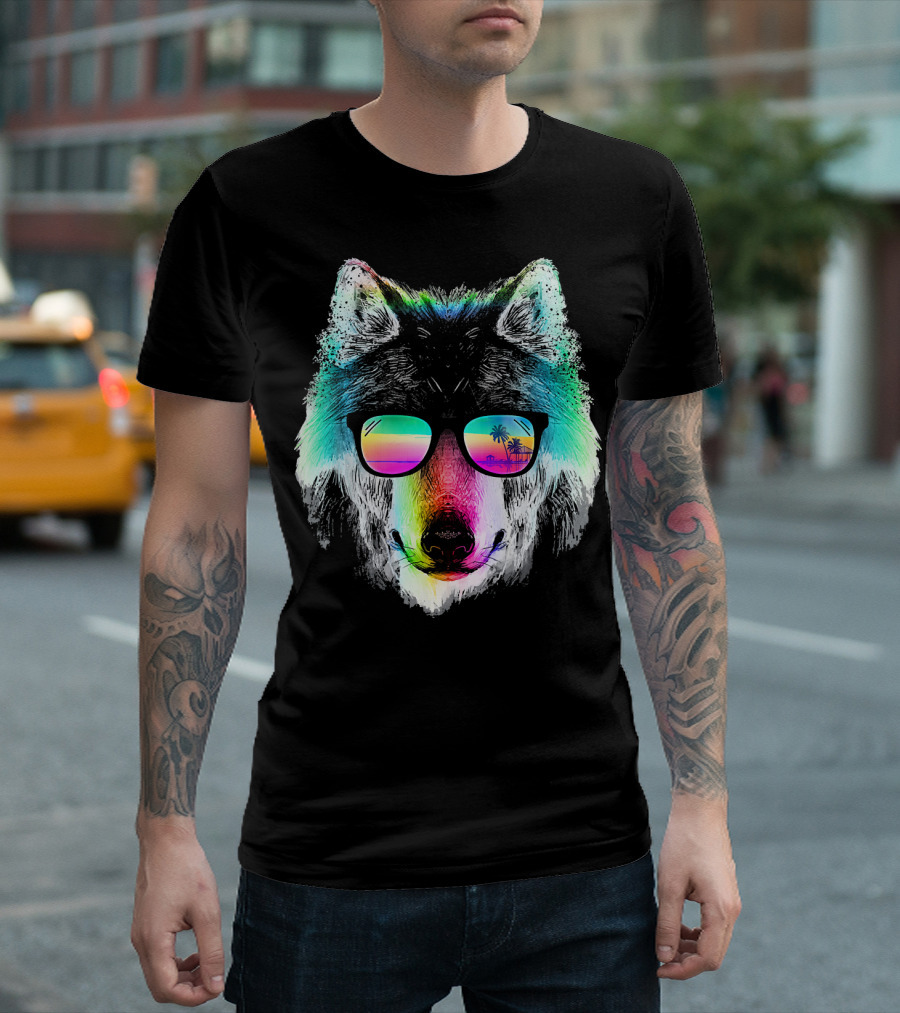 Wolf With Rainbow Sunglasses And Palm Tree Reflection T-Shirt